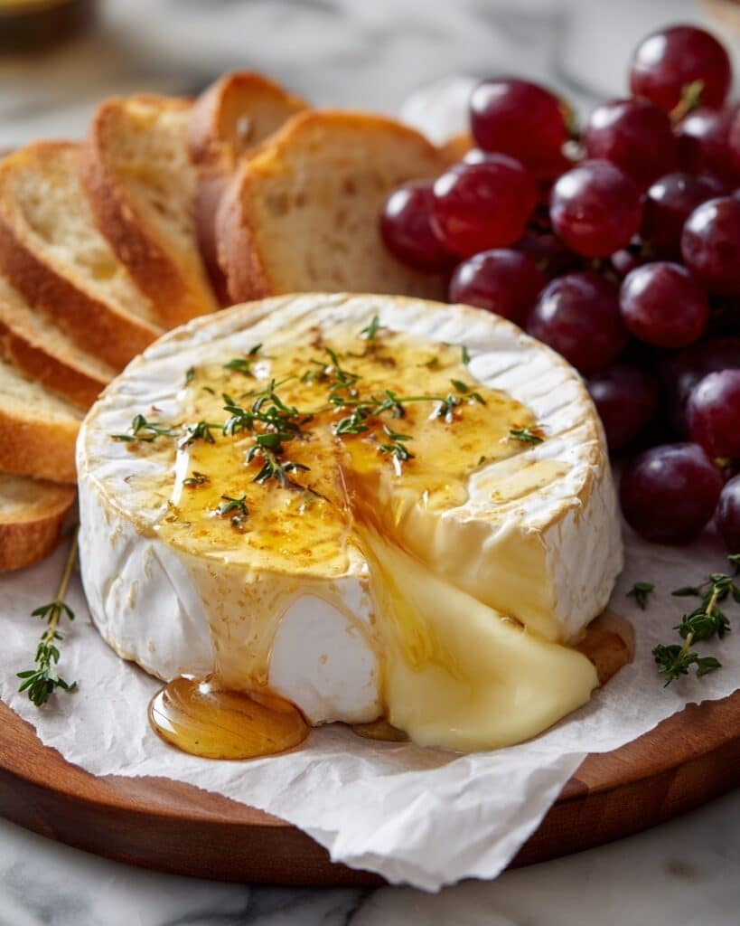 Baked Brie with Honey and Thyme Served with Crostini and Grapes Recipe