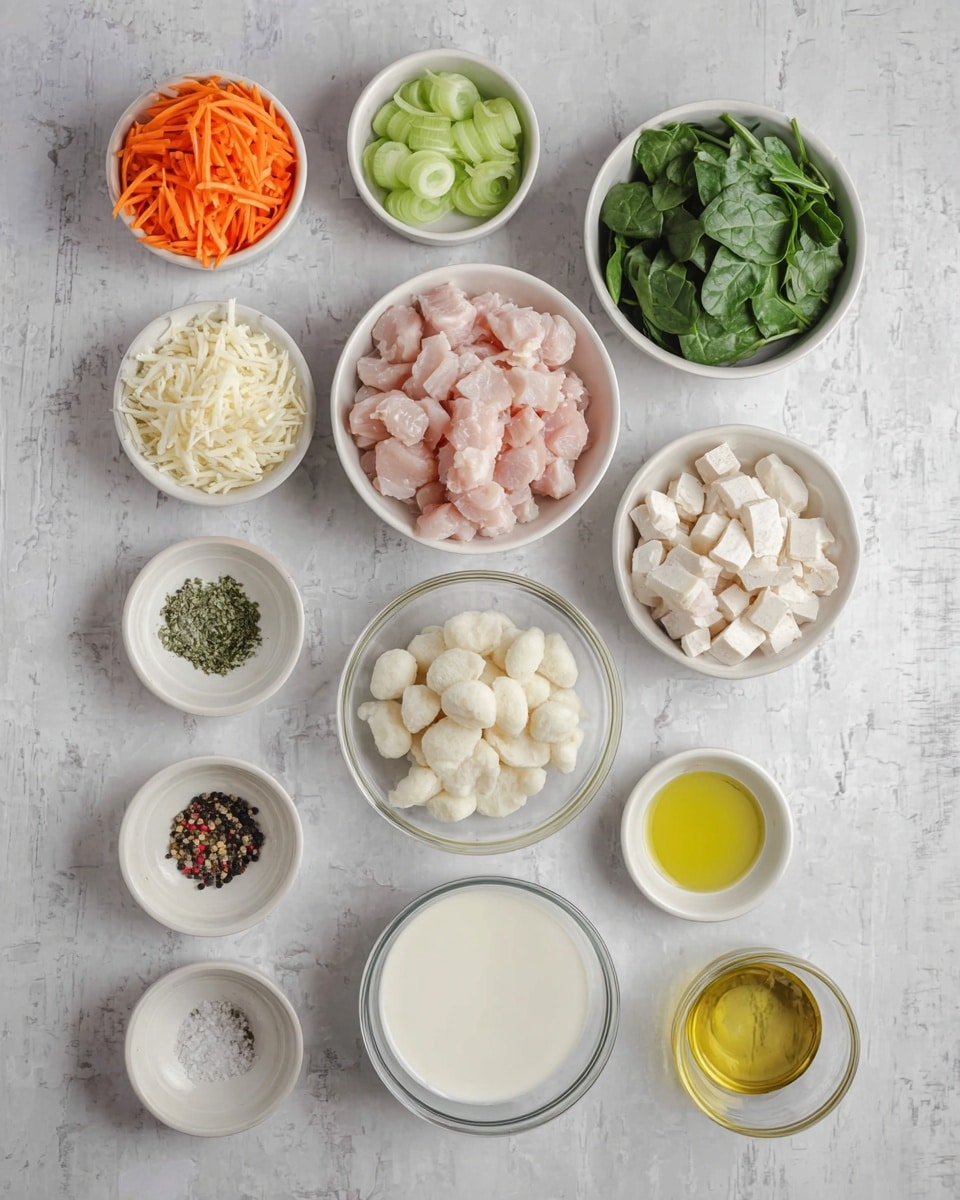 The image shows an overhead view of various ingredients arranged neatly on a white marbled surface. There are eleven small white bowls and one clear glass bowl, each holding different ingredients: julienned orange carrots and sliced green celery in one bowl; shredded white cheese in another; chopped white onions; cubed raw pink chicken pieces; frozen white gnocchi; fresh green leafy spinach in a glass bowl; minced white garlic; a small amount of mixed dried herbs; whole black peppercorns and white salt together; golden yellow oil; and a glass bowl with white coconut milk. Each ingredient is clearly visible with distinct colors and textures, arranged in a balanced and orderly manner. Photo taken with an iphone --ar 4:5 --v 7