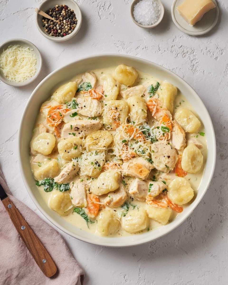 A white bowl is filled with soft gnocchi pieces that have a pale yellow color, mixed with chunks of light beige cooked chicken. Thin orange carrot strips and small green leafy bits are spread throughout, all covered in a creamy ivory sauce. The dish is topped with sprinkled grated cheese that adds a light texture on the surface. The bowl sits on a white marbled textured surface, with a wooden-handled utensil visible on the left side and small dishes containing salt, peppercorns, and more grated cheese around it. Photo taken with an iphone --ar 4:5 --v 7