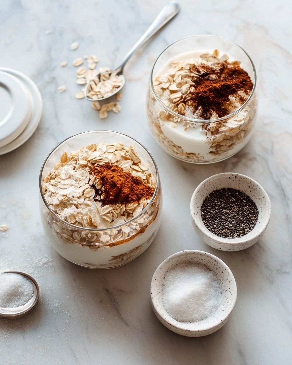 The image shows two clear glass bowls on a white marbled surface, each filled with a few layers: a base of white liquid, topped with light beige oat flakes, a small pile of dark brown cinnamon powder, and some dark syrup on one side of each bowl. Around the bowls, there are three small white bowls with speckled edges, containing black chia seeds, white powder, and a small amount of white granulated substance. A silver spoon lies to the left of the bowls near a white lid. The scene is clean and bright with a soft light. photo taken with an iphone --ar 4:5 --v 7