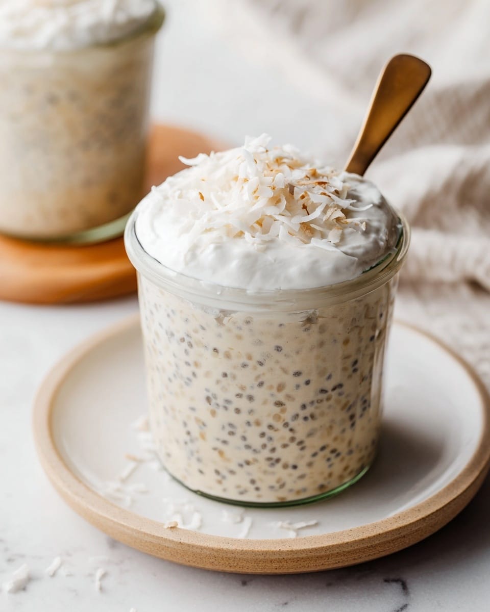 A clear glass jar filled with a creamy light beige mixture with small black seeds spread throughout, topped with a thick layer of smooth white cream and sprinkled with white shredded coconut on top; a bronze spoon rests inside the jar on the left side. The jar sits on a white plate with a light wood texture, placed on a white marbled surface, with a blurred second jar in the background. Photo taken with an iphone --ar 4:5 --v 7