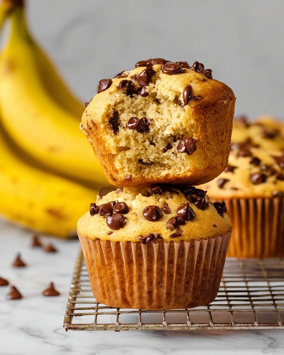 This image shows a stack of two muffins with chocolate chips on top, placed on a metal cooling rack. The bottom muffin is whole with a golden brown paper liner and many dark brown chocolate chips spread evenly across its dome-shaped top. The second muffin sits on top, tilted slightly forward to show its inside, which is light yellow with small chunks and many chocolate chips embedded throughout. In the background, there are more muffins and a bunch of ripe yellow bananas on a white marbled surface with a plain light grey wall behind. The overall look is warm and fresh, highlighting the soft texture of the muffins and the rich chocolate chips. photo taken with an iphone --ar 4:5 --v 7