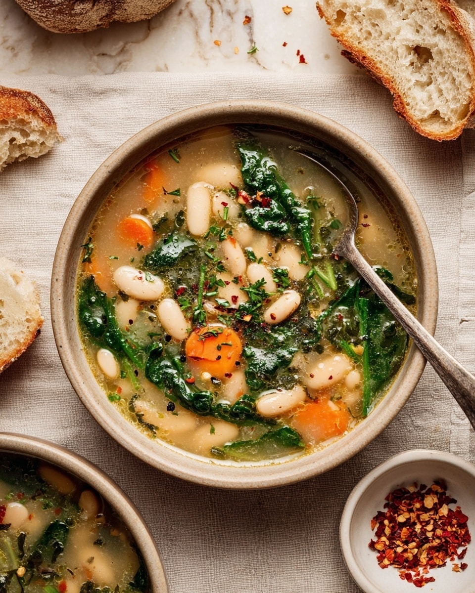 A bowl filled with a light broth soup containing white beans, dark green spinach leaves, and slices of orange carrot, topped with small green herb pieces and a few black pepper flakes scattered on the surface. The bowl is light brown and sits on a light beige cloth with a white marbled texture underneath. Around the bowl, there are pieces of torn rustic bread arranged casually, a silver spoon with a slightly worn finish placed near the bowl, and a small white dish with red chili flakes nearby. photo taken with an iphone --ar 4:5 --v 7