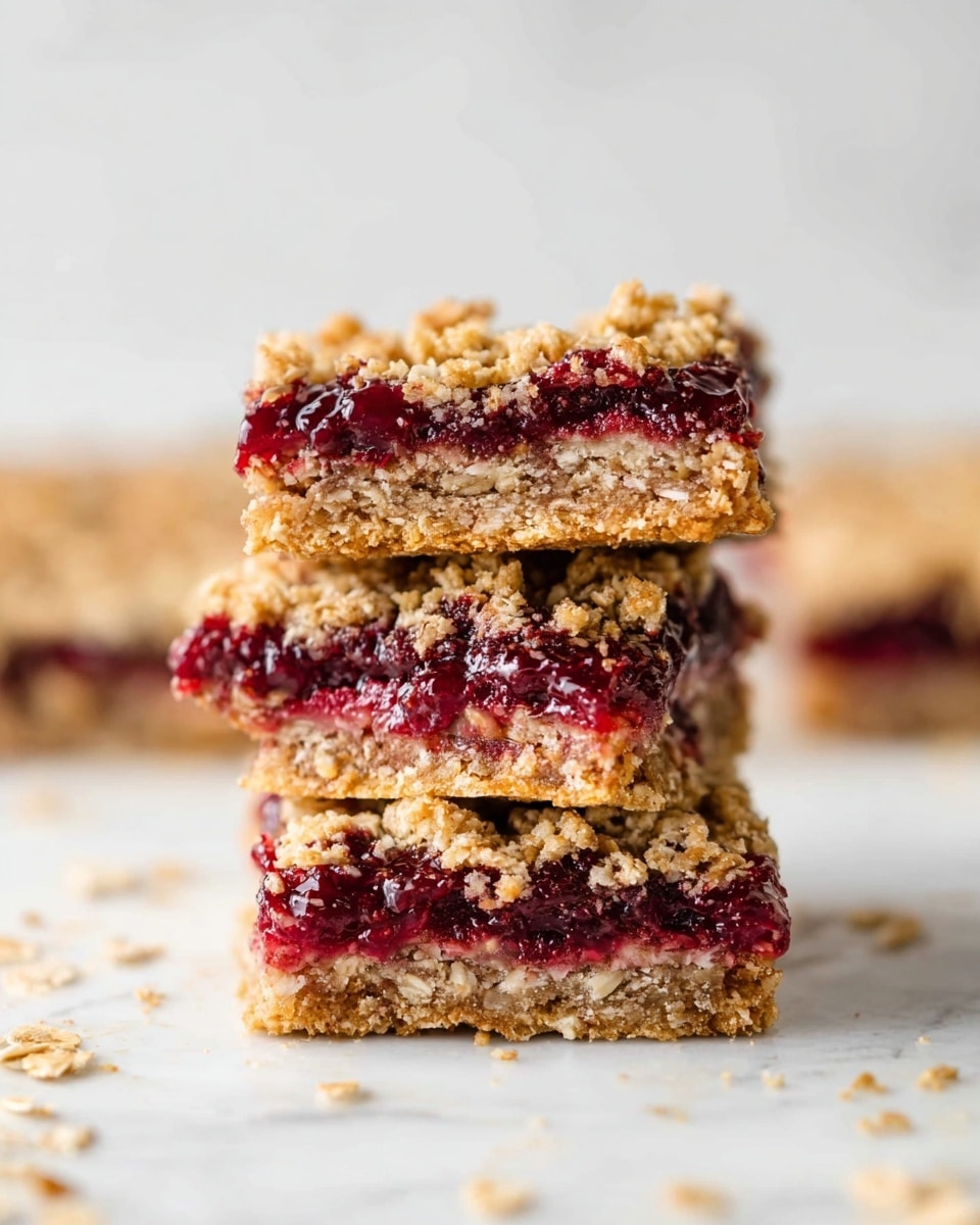 A stack of three square oat bars is shown on a white marbled surface. Each bar has two layers: a thick, crumbly golden oat base with a rough texture full of visible oats, and a vibrant dark red jam layer on top that looks slightly sticky and rich. The top layer of each bar is sprinkled with small oat crumbs, adding texture. The bars are arranged vertically, and there are some oat crumbs scattered around the base, giving a natural, homemade look. In the background, there is a blurred view of the larger oat bar from which the squares were cut. photo taken with an iphone --ar 4:5 --v 7