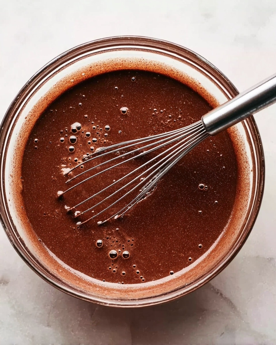 A clear glass bowl filled with smooth chocolate batter that has small air bubbles on the surface, with a silver whisk partially dipped in the mixture resting inside the bowl. The bowl is placed on a white marbled surface. The chocolate batter is thick and dark brown with a glossy texture. photo taken with an iphone --ar 4:5 --v 7