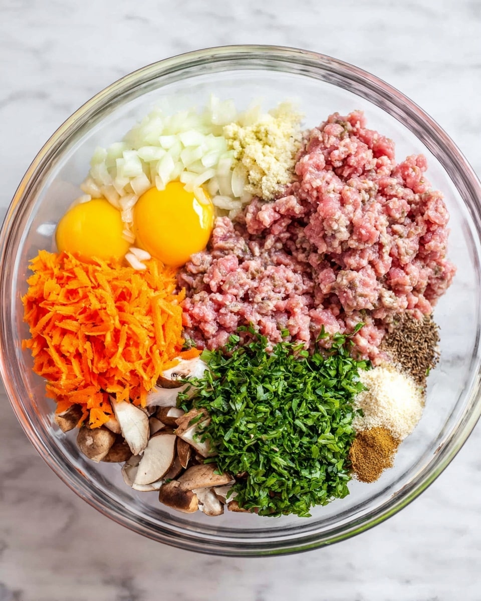 A clear glass bowl filled with various raw ingredients arranged in separate piles: pink ground meat at the bottom left and right, two yellow egg yolks near the top left, white chopped onions in the center, bright orange shredded carrots at the bottom left overlapping the meat, finely chopped green herbs on the top right, light brown minced mushrooms below the carrots, and small piles of white salt and brown spices near the center right. The bowl sits on a white marbled surface. photo taken with an iphone --ar 4:5 --v 7