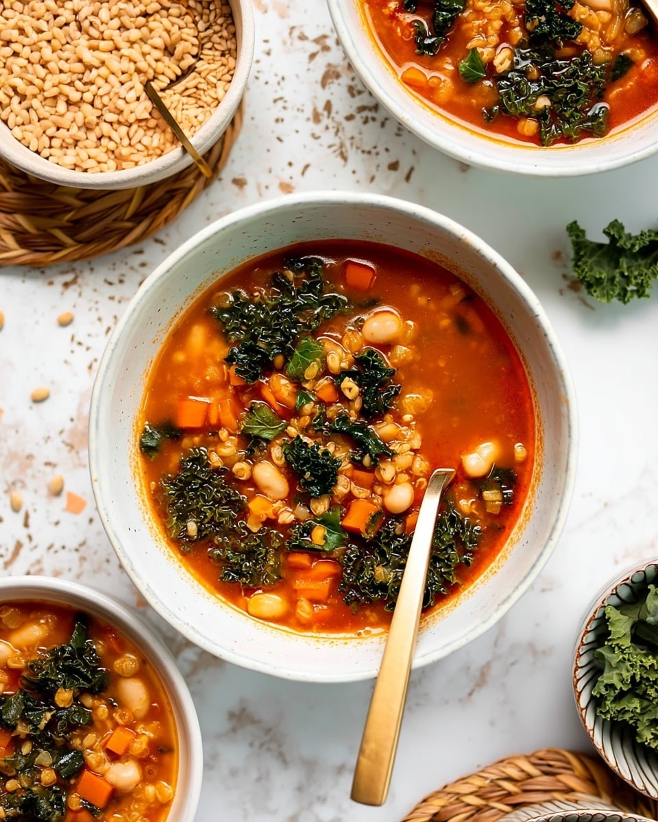 A white bowl filled with a thick soup showing three main layers: the bottom reddish-orange broth, the middle layer with small orange carrot cubes and beige white beans, and the top layer with dark green kale leaves scattered around. A gold spoon with a long handle is partly dipped in the soup on the right side of the bowl. The bowl sits on a white marbled surface with some grains spilled around and another white bowl filled with grains in the top left corner. Around the soup bowl, there are other small bowls and a woven coaster with green kale leaves on it photo taken with an iphone --ar 4:5 --v 7