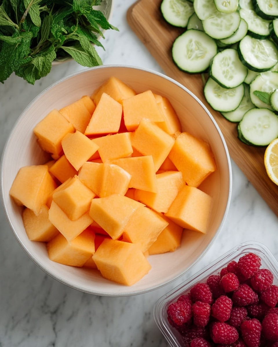 A large white bowl filled with bright orange cantaloupe pieces cut into medium-sized cubes, placed on a white marbled surface. To the top right, there is a wooden board with thinly sliced light green cucumbers, fresh green leafy herbs like mint and basil, and two lemon halves showing their yellow inside. At the bottom right, a clear plastic container is filled with fresh bright red raspberries. Photo taken with an iphone --ar 4:5 --v 7
