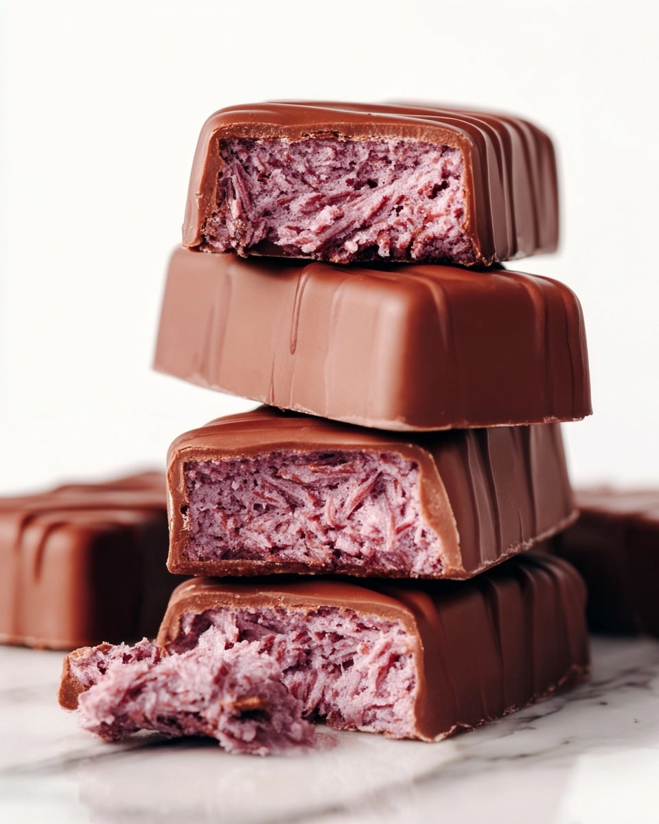 A stack of four rectangular chocolate bars with a smooth, glossy milk chocolate coating and thin wavy lines on top sits on a white marbled surface. The top bar is broken in half, showing a textured, pinkish-purple filling inside that looks moist and slightly shredded. One smaller piece of the bar lays next to the stack, exposing more of the same filling. The image is close-up with a bright white background. photo taken with an iphone --ar 4:5 --v 7
