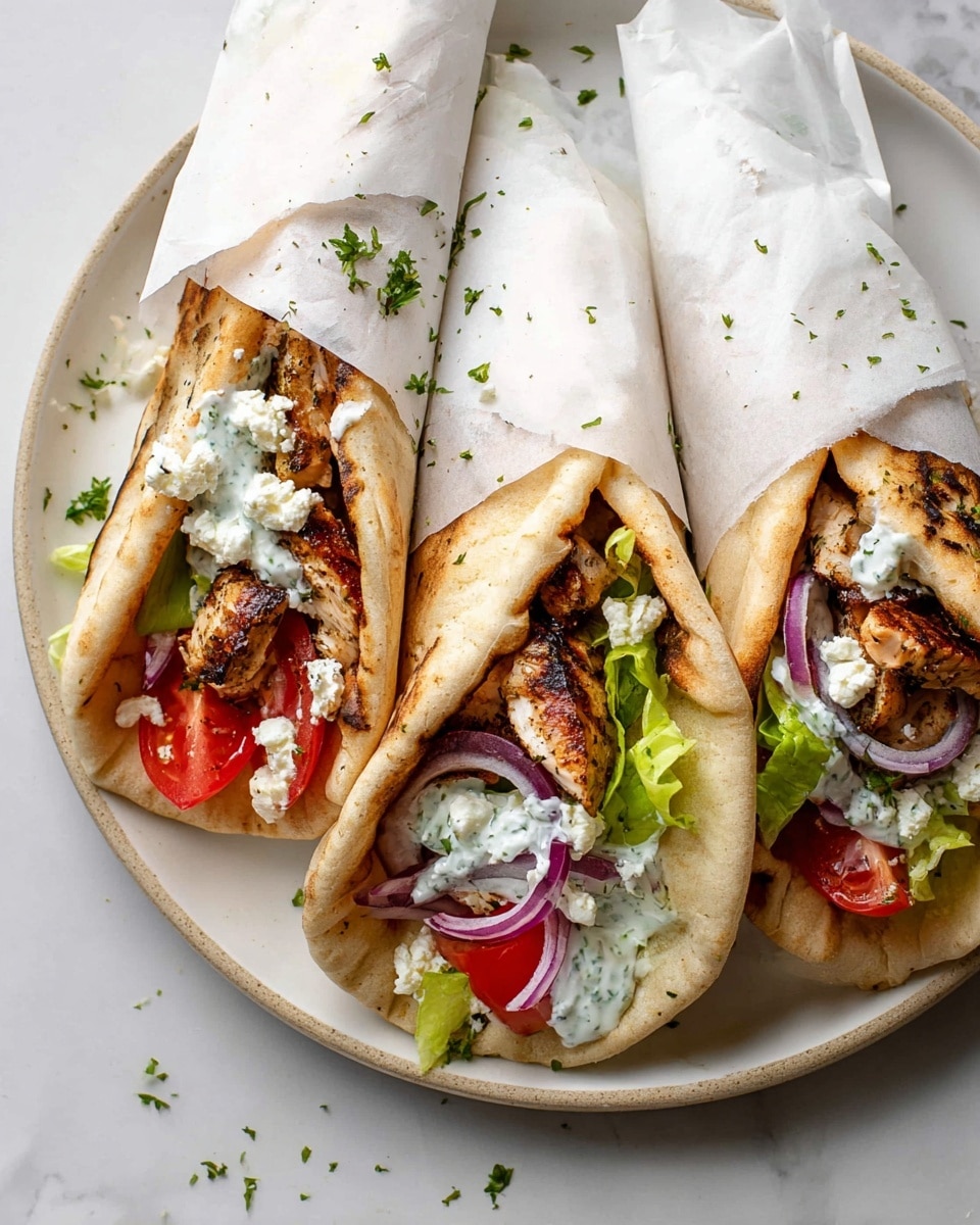 Three wraps are placed side by side on a round white plate on a white marbled surface. Each wrap is made with soft, light brown pita bread folded around layers of grilled chicken pieces with a charred texture, bright red tomato slices, thin rings of purple onion, and fresh green lettuce. A creamy white sauce with green herbs is drizzled over the fillings, along with crumbled white cheese sprinkled on top. The wraps are partially wrapped in white paper at the top of each. Some green herb bits are scattered lightly around the plate. Photo taken with an iphone --ar 4:5 --v 7