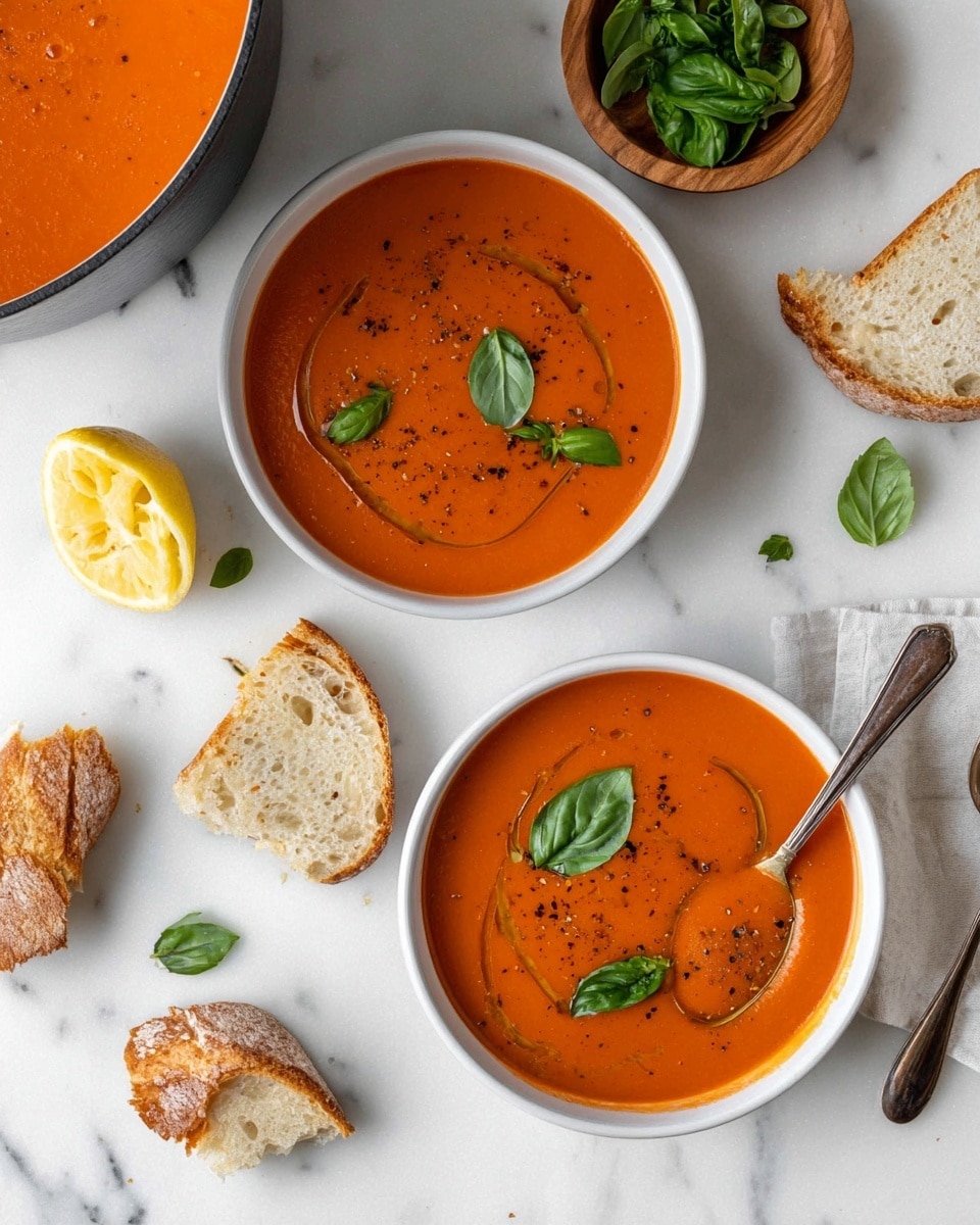 The image shows two white bowls filled with smooth orange tomato soup, each topped with small fresh green basil leaves and a drizzle of olive oil, as well as a light sprinkle of black pepper. One bowl has a spoon dipped in the soup, and a slice of rustic bread rests on the side of another bowl. In the top left corner, there is a pot of the same tomato soup with a spoon partially in it and a few basil leaves floating on top. A small wooden bowl of fresh basil leaves and half a lemon are placed on the white marbled surface, along with more torn pieces of rustic bread scattered around the bowls. photo taken with an iphone --ar 4:5 --v 7