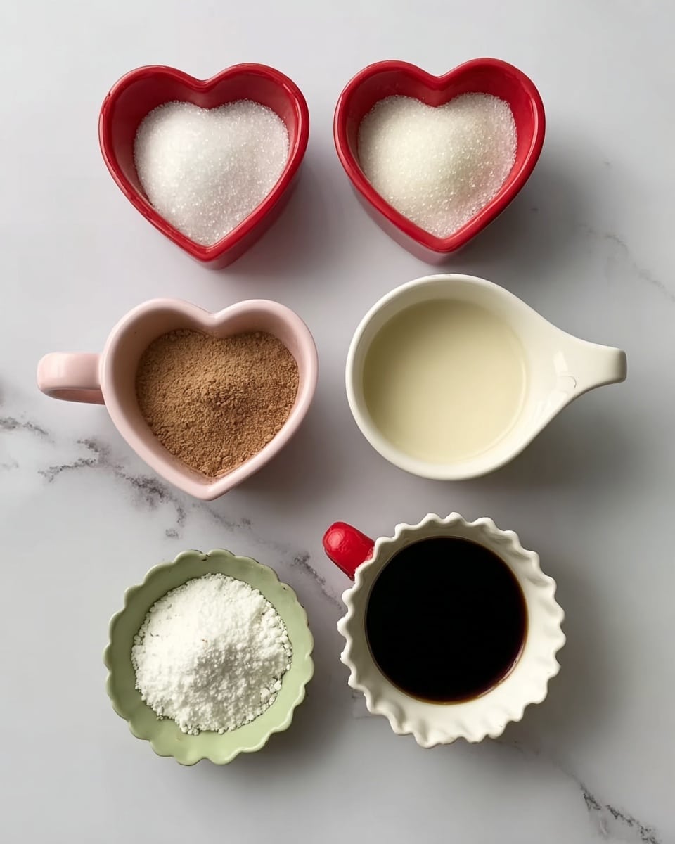 The image shows seven small dishes with different ingredients placed on a white marbled surface. On the top row, three heart-shaped white dishes with red interiors hold white granulated sugar on the left, brown powder in the middle, and white powder on the right. Below them, a small white bowl with a pink handle contains a white liquid on the left, and a similar small white bowl with a red handle contains a creamy white liquid on the right. At the bottom, a small round green dish with white powder sits on the left, and a small white scalloped bowl filled with dark brown liquid is on the right. All dishes are neatly arranged in a pattern, and the photo is taken with an iphone --ar 4:5 --v 7