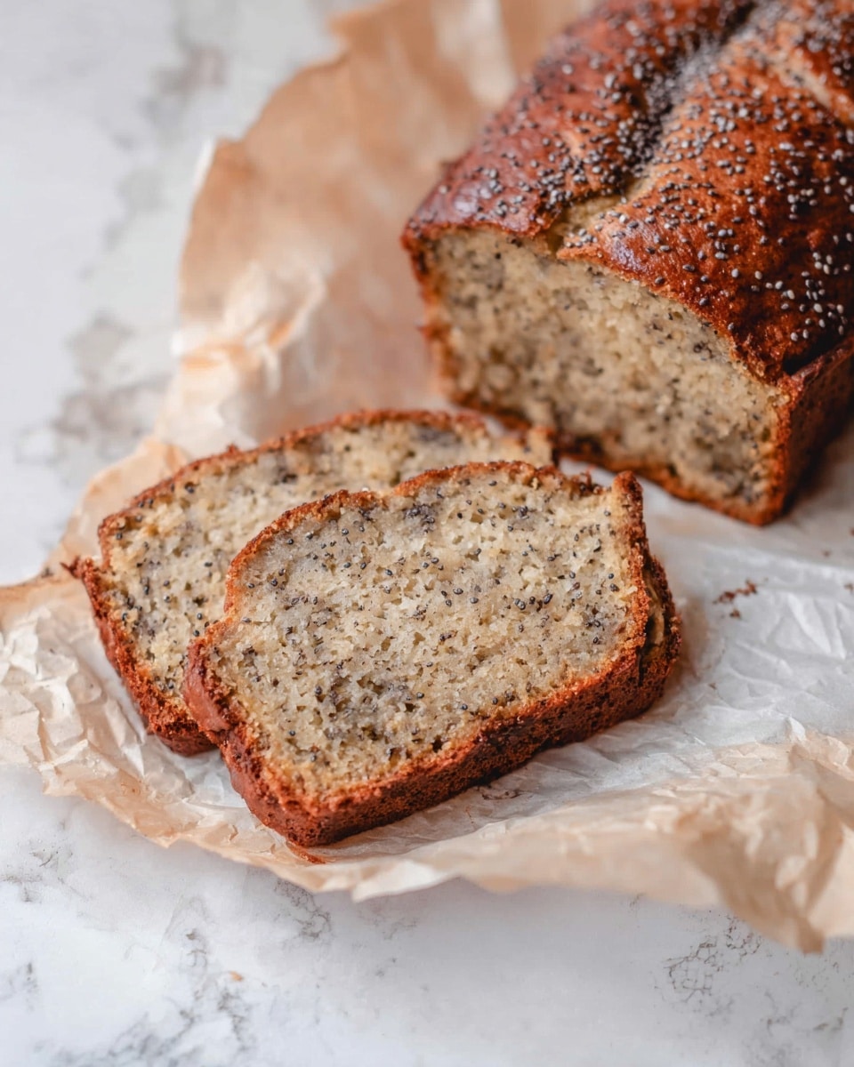 A loaf of banana bread is shown on crinkled parchment paper on a white marbled surface. The banana bread has a brown crust topped with small chia seeds, adding a speckled texture. Two slices are cut from the loaf, showing a moist, light beige inside with small dark specks evenly spread throughout. The texture looks soft and slightly crumbly with a rustic, homemade appearance. Photo taken with an iphone --ar 4:5 --v 7
