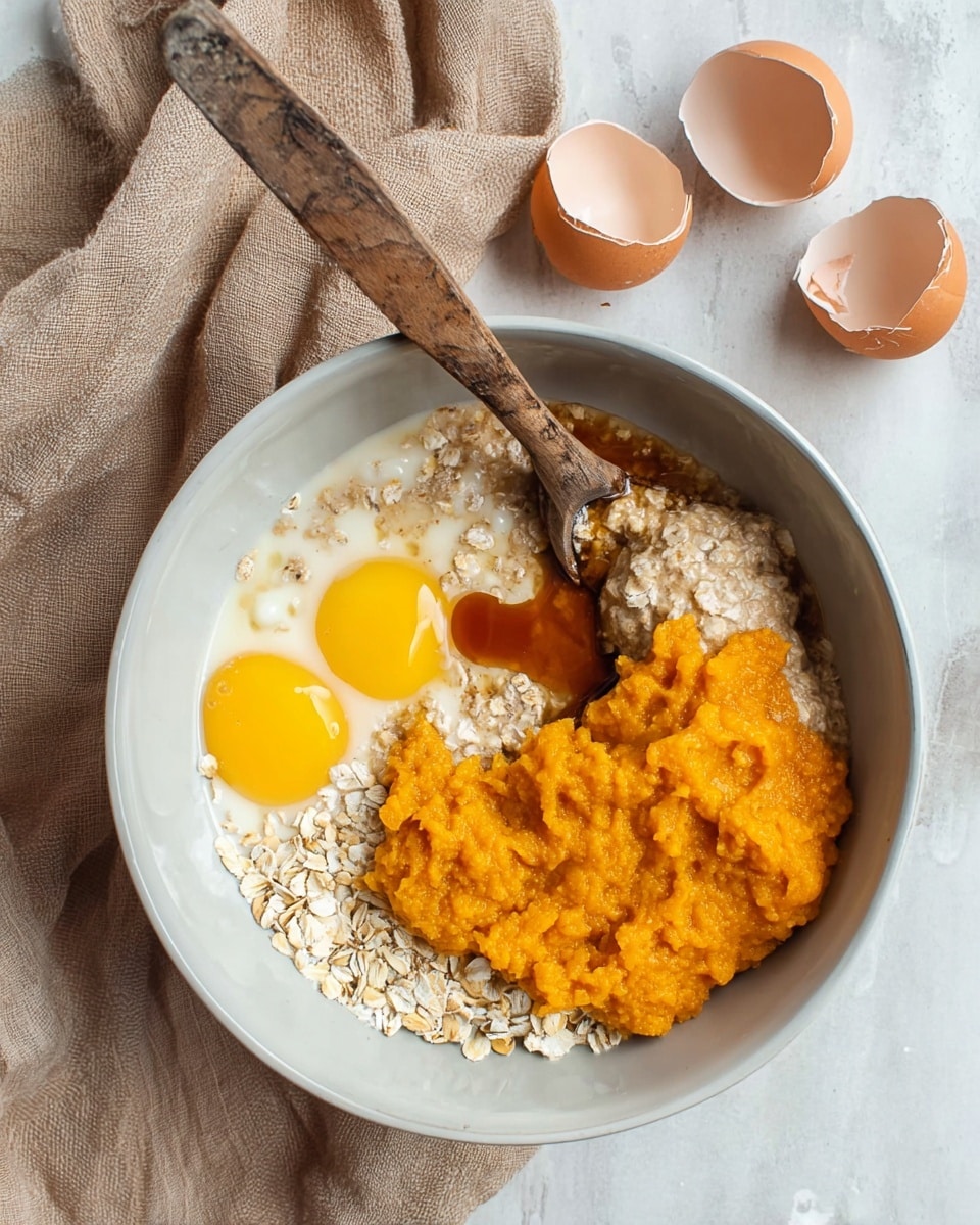 A white bowl holds several ingredients layered together against a white marbled surface with a soft beige cloth nearby. The bottom layer shows creamy milk partially covering light brown oats scattered unevenly. On the left side of the bowl, two bright yellow eggs sit side by side, their yolks vibrant and intact. To the right, a large mound of smooth, bright orange puree rests atop the oats and milk. Near the oats' center, a small pool of dark amber syrup contrasts with the lighter colors. A wooden spoon with a worn handle dips into the mixture at the top left of the bowl. In the background, two empty brown eggshell halves lie on the white marbled surface. photo taken with an iphone --ar 4:5 --v 7