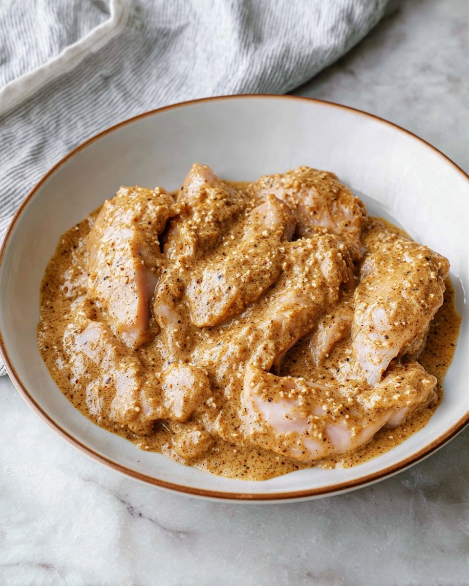 A shallow white plate with a thin brown rim holds several pieces of light pink raw chicken covered in a thick, grainy, brownish-beige sauce. The sauce looks creamy with visible small specks of spices, evenly coating the chicken pieces, which are arranged in a slightly overlapping manner. The background shows a white marbled surface with a soft, folded gray and white striped cloth to the upper left side of the plate. photo taken with an iphone --ar 4:5 --v 7