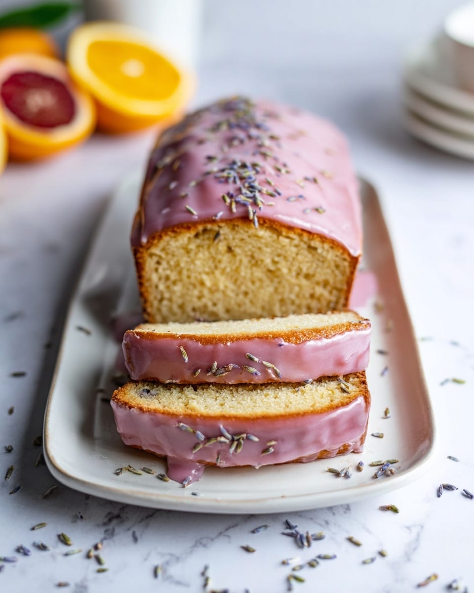 A loaf of light brown cake with a pink glaze on top, sprinkled with small dried lavender pieces, sits on a long white plate. The cake is cut into three thick slices, showing a soft, moist texture inside with a slight yellowish tint. The pink glaze covers the top and drips a bit down the sides of the slices. The white marbled surface holds the plate, with some scattered lavender around, and blurred citrus fruits in the background. Photo taken with an iphone --ar 4:5 --v 7