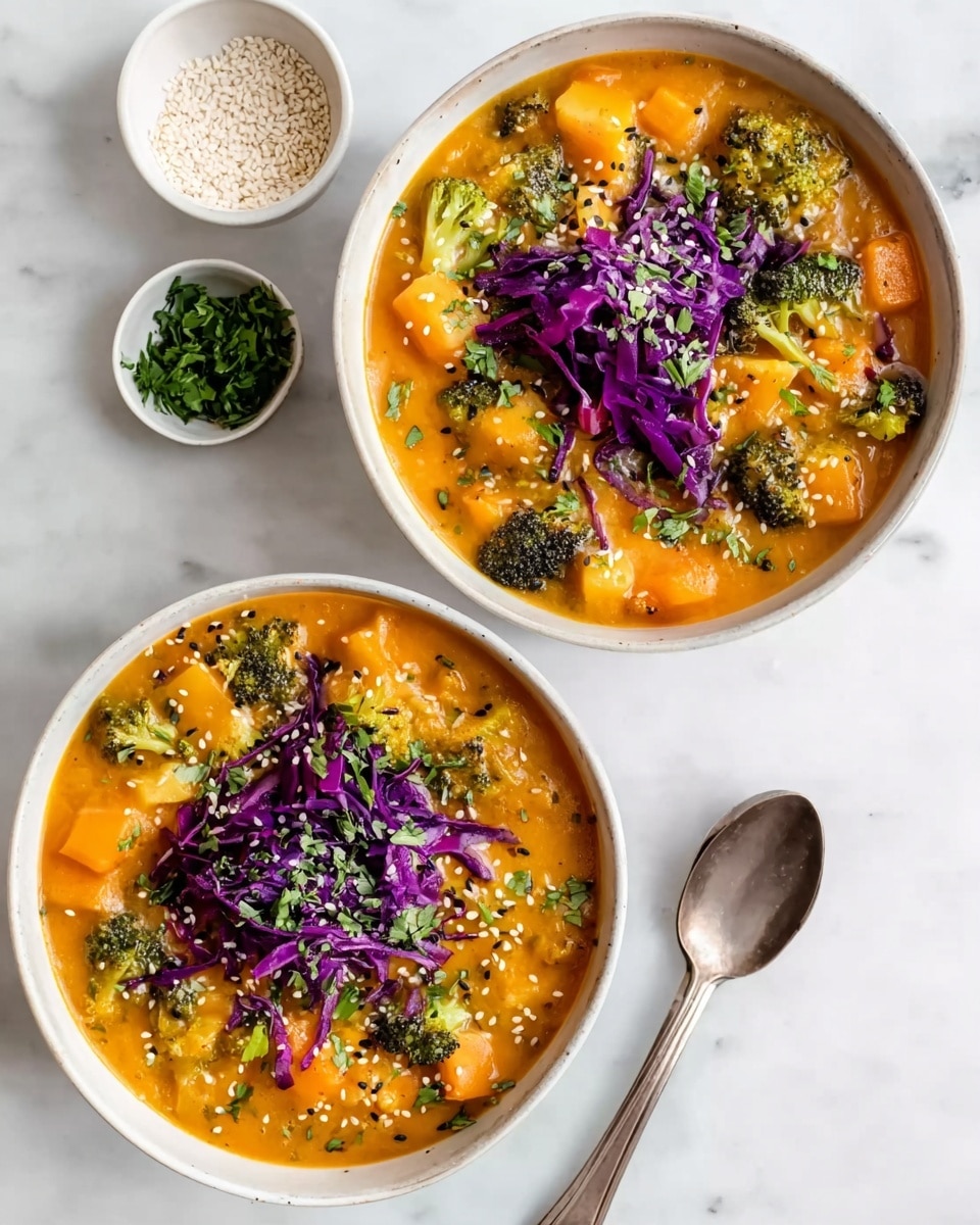 Two bowls on a white marbled surface hold a thick orange soup filled with chunks of vegetables like broccoli and small orange cubes. Each bowl is topped with a small pile of thin purple cabbage strips in the center and sprinkled with green herbs and white sesame seeds. Around the bowls, there are small white bowls containing green herbs and white sesame seeds. A silver spoon and fork rest near the bottom right corner. The overall look is colorful with bright orange, green, and purple against the white bowls and marbled background. photo taken with an iphone --ar 4:5 --v 7