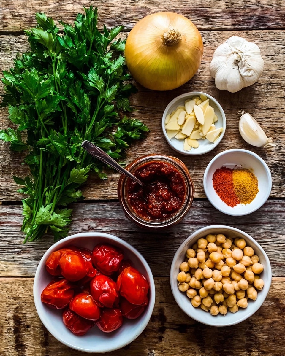 The image shows fresh cooking ingredients arranged on a wooden table with a rustic feel. At the top left, there is a bunch of green parsley with textured leaves. Below and slightly left is a whole yellow onion with smooth skin, next to two peeled garlic cloves. To the right of the onion and garlic, there are two small white bowls: one filled with light beige almond slices, and the other with bright red and yellow powdered spices. Below these, there is a small glass jar filled with dark red chili paste with a metal spoon resting inside. At the bottom left, a white bowl holds whole peeled red tomatoes soaking in some liquid. To the right of that, a similar white bowl is filled with round, light beige chickpeas. All items are placed on a wooden surface, with the background changed mentally to a white marbled texture. photo taken with an iphone --ar 4:5 --v 7