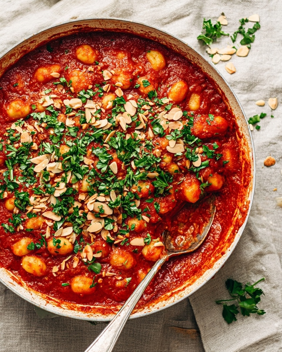 A white pan filled with two main layers: the bottom layer is a thick, deep red tomato sauce with soft, round gnocchi evenly mixed throughout, and the top layer is sprinkled with fresh green chopped parsley and light brown toasted almond slices. A silver spoon is resting inside the pan near the bottom right, partially covered by sauce and gnocchi. The pan is placed on a light beige linen cloth with scattered parsley and almond pieces around it. Photo taken with an iphone --ar 4:5 --v 7