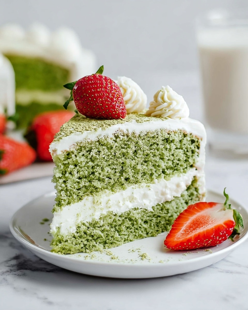 A slice of green cake with two thick layers of soft, spongy texture is placed on a white plate on a white marbled surface. Between the green cake layers, there is a thick, creamy white filling layer. On top, the cake is covered with a thick, smooth white frosting decorated with small swirls of cream around the edges and a light dusting of green powder. A fresh red strawberry sits on top as a garnish, with another sliced strawberry placed on the plate near the cake. In the background, a blurred glass of milk and whole strawberries add a fresh touch. Photo taken with an iphone --ar 4:5 --v 7