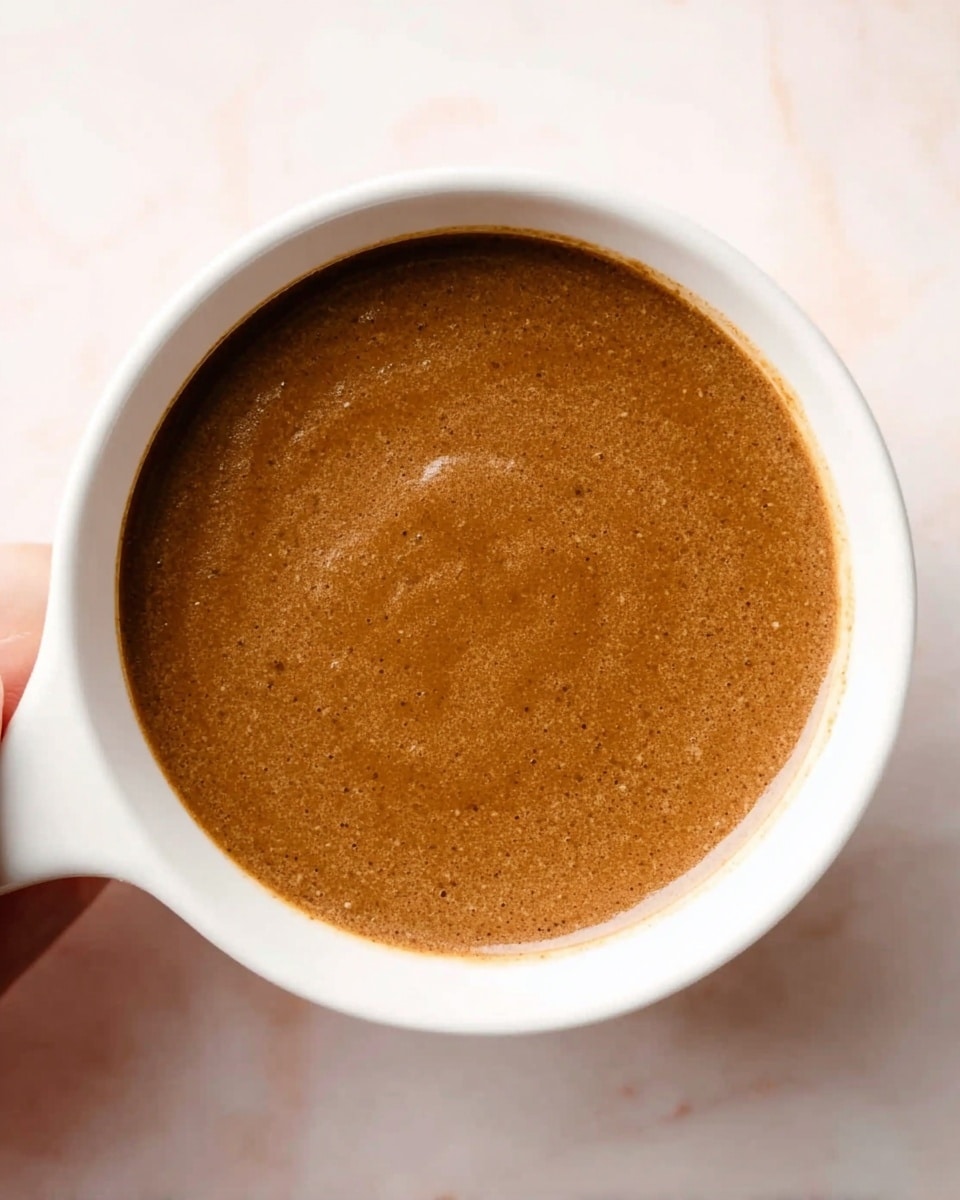 A top view of a white bowl filled with smooth, thick brown sauce that has a slightly speckled texture. The bowl is placed on a white marbled surface, and a woman's hand holds the right side of the bowl, showing a small part of the fingers. The sauce fills the bowl close to the edges, with no other items or elements visible. Photo taken with an iphone --ar 4:5 --v 7