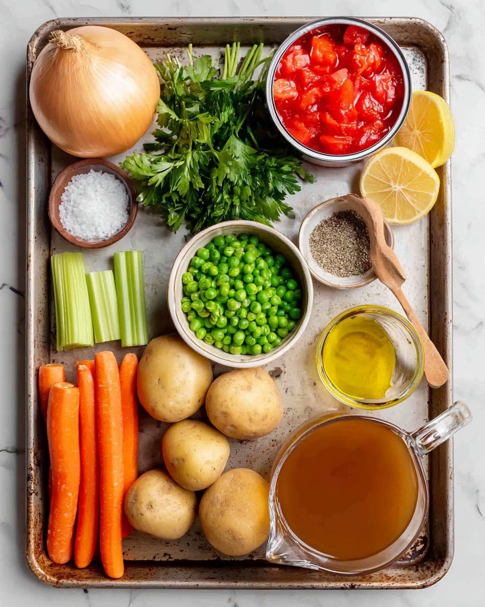 A metal baking tray holds several fresh ingredients arranged neatly on a white marbled surface. Starting from the left corner, there is a whole onion with pale yellow-brown skin, next to a red bell pepper with a shiny, smooth texture. In front, an open can of diced tomatoes reveals bright red chunks, beside a small bowl of coarse white salt with a wooden spoon and a smaller bowl filled with black pepper. A bunch of fresh bright green parsley sits in the center, slightly over a bowl of frozen green peas with a frosty surface. Toward the right side, three light brown potatoes with a rough skin are placed near three garlic cloves with white papery skins. Above them are two bright orange carrots alongside three green celery stalks. Two half lemon pieces with textured yellow skin are near a small glass bowl filled with golden olive oil. Lastly, a transparent glass jug filled with brown broth sits in the front right corner, showing the liquid’s smooth surface. photo taken with an iphone --ar 4:5 --v 7