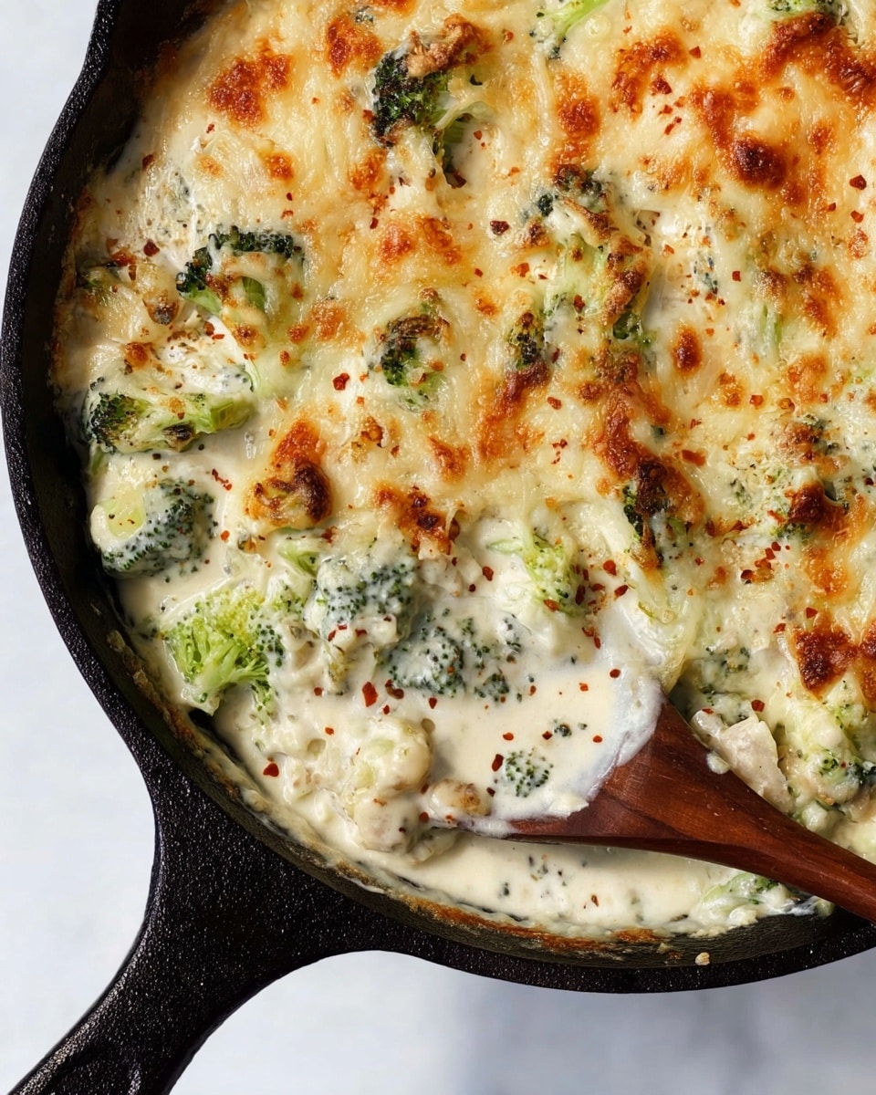 The image shows a black cast-iron pan filled with a creamy broccoli casserole. The top layer is golden brown melted cheese with small browned spots and bits of red seasoning scattered around. Below the cheese, green broccoli florets and soft white sauce are visible, mixed evenly throughout the dish. The sauce looks thick and creamy, covering the broccoli pieces and filling the pan. A wooden spoon is partially dipped in the casserole, showing the creamy texture underneath. The pan is placed on a white marbled surface photo taken with an iphone --ar 4:5 --v 7