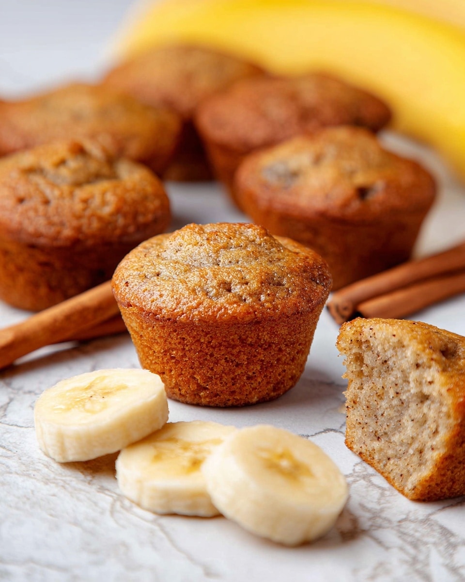 The image shows several small muffins with a golden brown top and slightly darker brown base, placed on a surface with a white marbled texture. One muffin is sliced in half, revealing a soft, light brown inside with darker specks, while two banana slices lie in the foreground. A whole banana is blurred in the background, and two cinnamon sticks are placed near the banana slices. The muffins have a slightly uneven, textured top and look moist and fluffy. Photo taken with an iphone --ar 4:5 --v 7