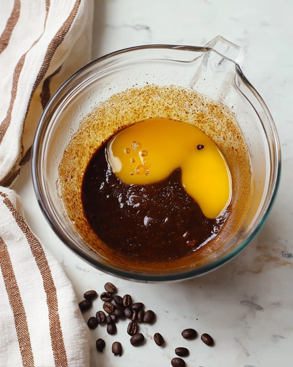 A clear glass mixing bowl holds a mixture with three layers: the bottom layer is smooth and dark brown, the middle layer has a sticky, slightly glossy texture, and the top layer is a bright yellow with three small pools of liquid. The bowl is set on a white marbled surface with scattered dark brown coffee beans and a white cloth with brown stripes to the left and underneath. The photo taken with an iphone --ar 4:5 --v 7