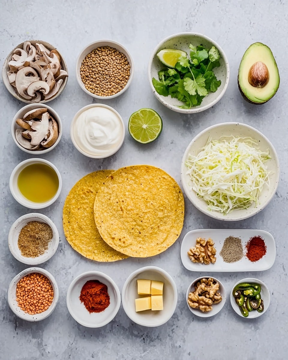 The image shows many small white bowls and plates with different ingredients arranged neatly on a white marbled surface. There are two round yellow corn tortillas in the center bottom. To their right is a white bowl with shredded white cabbage and green cilantro leaves on top. Near that is a bowl of smooth white sour cream. Above these is a small white bowl with lime wedges. In the upper right corner, there is a half avocado with the seed removed. To the left of the tortillas, there are small bowls with chopped mushrooms and onions, golden cooking oil, brown and yellow powders, light brown lentils, and walnuts. In the center is a long white plate with green sliced chili, small white garlic pieces, and several piles of colorful spices including red, brown, and beige powders, and a yellow seasoning cube. The lighting is bright and soft. photo taken with an iphone --ar 4:5 --v 7