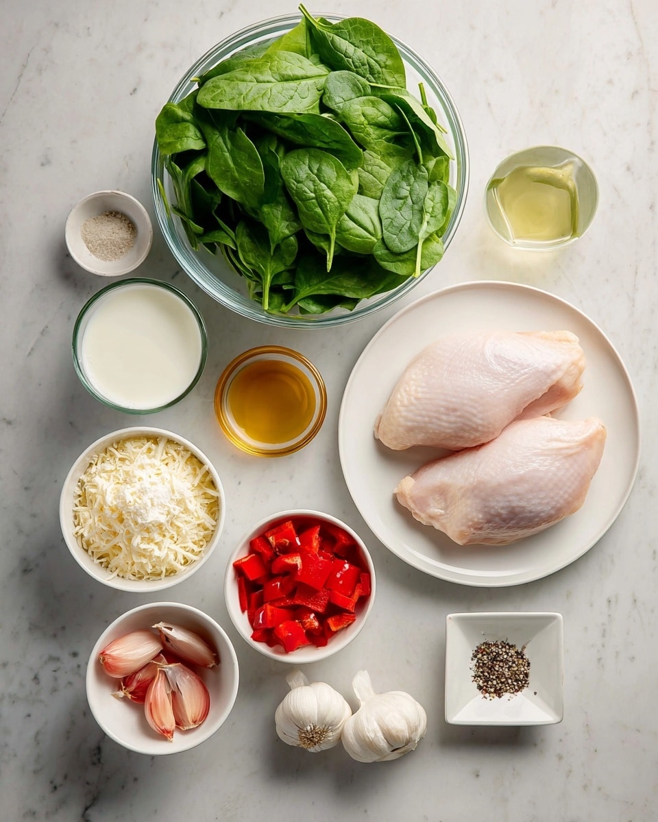 The image shows a flat lay of fresh cooking ingredients arranged neatly on a white marbled surface. In the center, there is a white plate holding two raw chicken pieces with a light pink smooth texture. Above the plate, a glass bowl is filled with fresh, green spinach leaves that look crisp with visible veins. Surrounding these, several small white bowls contain various ingredients: chopped red bell peppers with a bright vibrant red color, grated cheese with a soft, fluffy texture, white flour powder, white cream cheese, small slices of pale pink shallots, a liquid golden-brown broth, light green olive oil, white milk, two whole garlic cloves, and a square dish with mixed black pepper and salt. The ingredients are evenly spaced and visually balanced. photo taken with an iphone --ar 4:5 --v 7