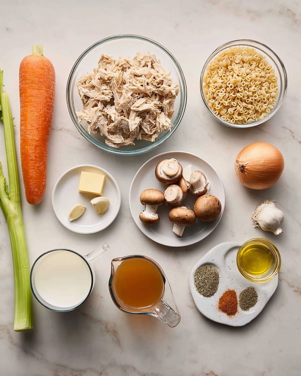The image shows various ingredients neatly arranged on a white marbled surface. There is one large carrot on the left, next to a long celery stalk. A clear glass bowl filled with shredded cooked chicken sits near the middle. Below it, a small white dish holds two garlic cloves, and next to that is a small glass container of olive oil. In the center, a white plate holds whole brown mushrooms. To the right, there is a glass bowl with small uncooked orzo pasta and another glass bowl with white flour. A small glass bowl with a pat of yellow butter is placed near a whole brown onion. Below, there is a small clear glass cup filled with white milk, and next to it, a glass measuring cup with brown broth. A round clear plate with small piles of dried herbs and spices is positioned near the middle. The scene is well lit and clean, with all items clearly visible. photo taken with an iphone --ar 4:5 --v 7