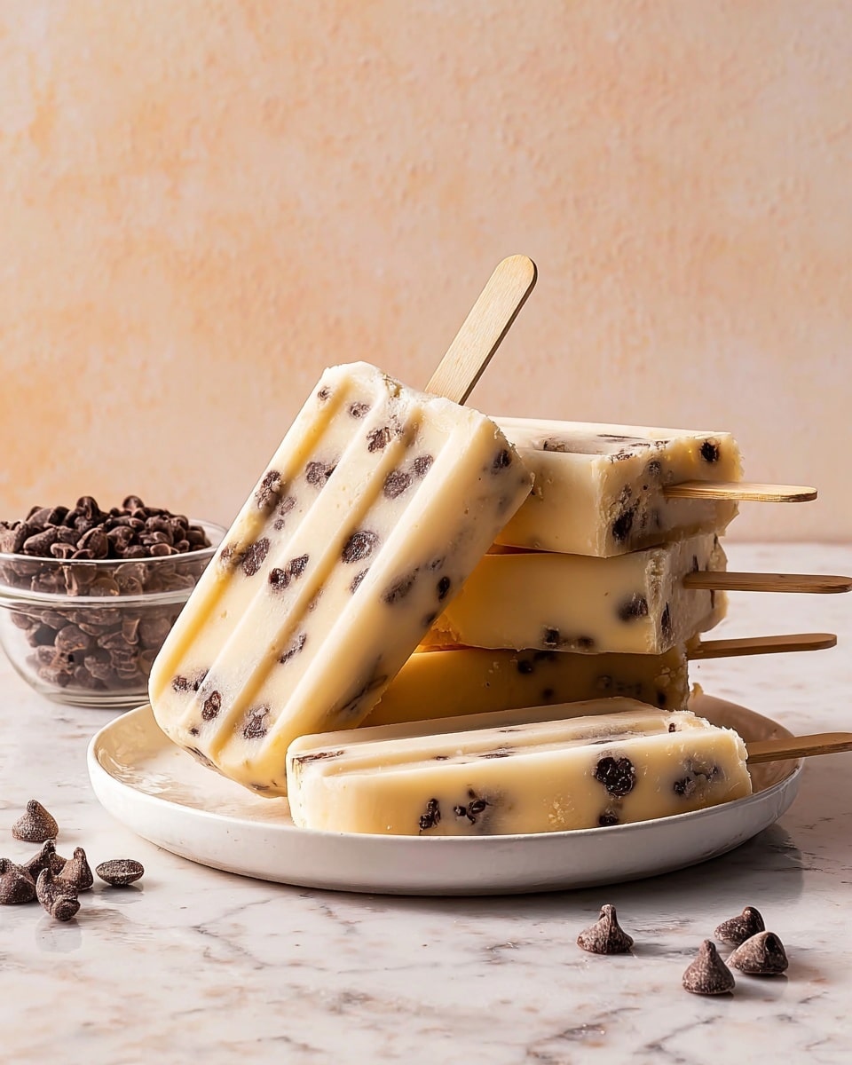 A stack of light beige popsicles with dark chocolate chips embedded inside is placed on a white plate. One popsicle leans at the front, showing smooth icy texture with small chocolate bits spread throughout the pale creamy base. Several other popsicles lie flat on the white marbled surface around the plate, and a clear bowl of extra chocolate chips is visible in the background. The simple scene is softly lit with warm tones, highlighting the cold, creamy texture and rich chocolate spots. Photo taken with an iphone --ar 4:5 --v 7