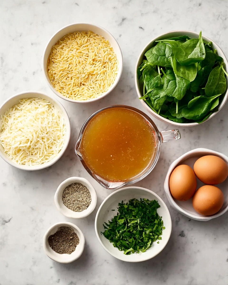 A collection of cooking ingredients is arranged on a white marbled surface, including seven white bowls and one small white dish. The first bowl contains light yellow orzo pasta, the second bowl holds finely shredded white cheese, the third bowl is filled with fresh green spinach leaves, and the fourth bowl has chopped green herbs. A glass measuring cup filled with orange-brown broth is placed in the center, while a small white dish holds ground black pepper, and a white dish contains two brown eggs. The setup looks clean and fresh, capturing all details clearly. photo taken with an iphone --ar 4:5 --v 7