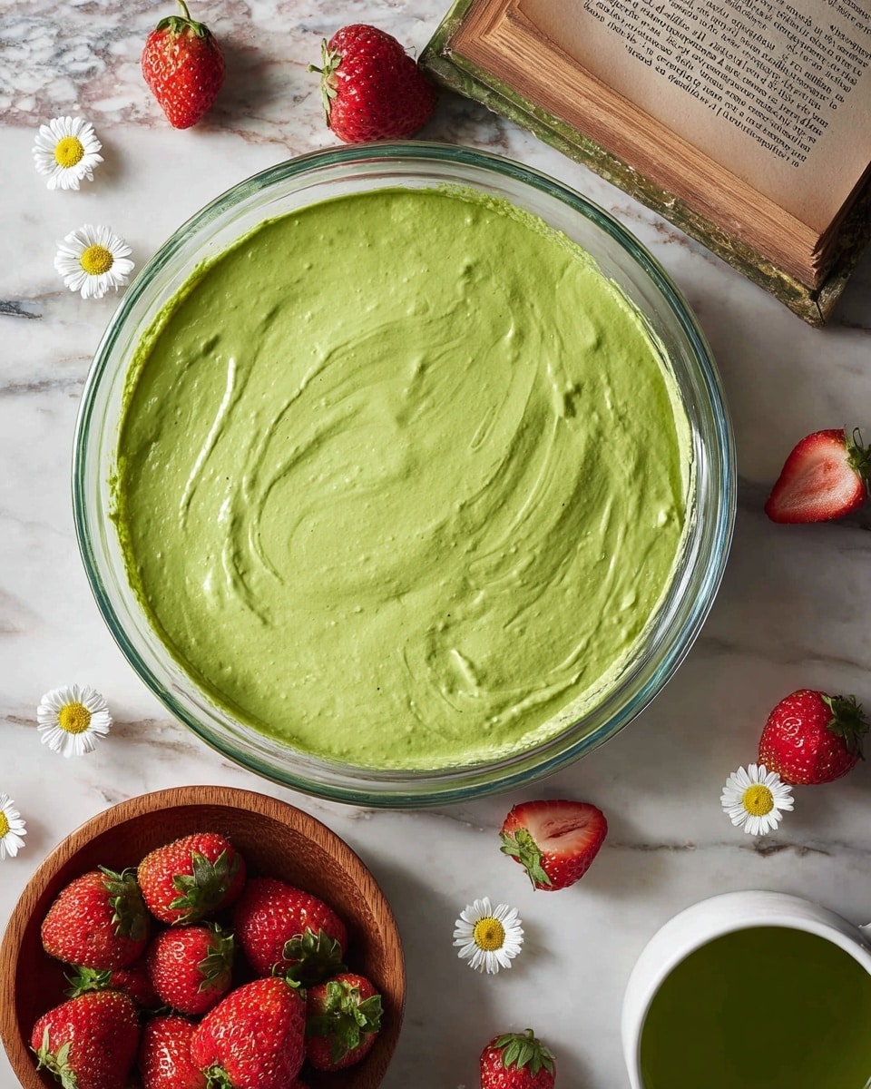 A clear glass bowl filled with one smooth, thick layer of bright green creamy mixture, evenly spread inside the bowl. Around the bowl on a white marbled surface are fresh whole and halved strawberries in a small wooden bowl, some scattered strawberry halves, small white chamomile flowers, and an open book. There is also a white cup full of green liquid partially visible at the bottom right. Photo taken with an iphone --ar 4:5 --v 7