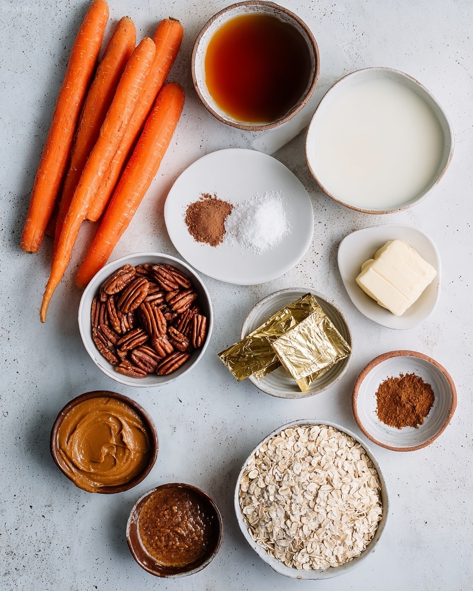 The image shows a flat lay of fresh ingredients on a white marbled surface, featuring a bunch of bright orange carrots placed in the center, surrounded by bowls and small plates. At the top left is a bowl with dark amber liquid, and to the right, a bowl with a white creamy liquid. Nearby, a small white plate holds white and brown powders arranged in three separate piles. Below the carrots is a white bowl filled with whole pecans, and next to it on the left is a bowl with smooth light brown nut butter. Below that bowl is a small brown dish containing white powder. At the bottom right, a white bowl of pale rolled oats and next to it a white bowl with brown sugar complete the set, along with a gold-wrapped block of butter near the center. All bowls are simple and white, placed neatly on the textured white marbled background. Photo taken with an iphone --ar 4:5 --v 7