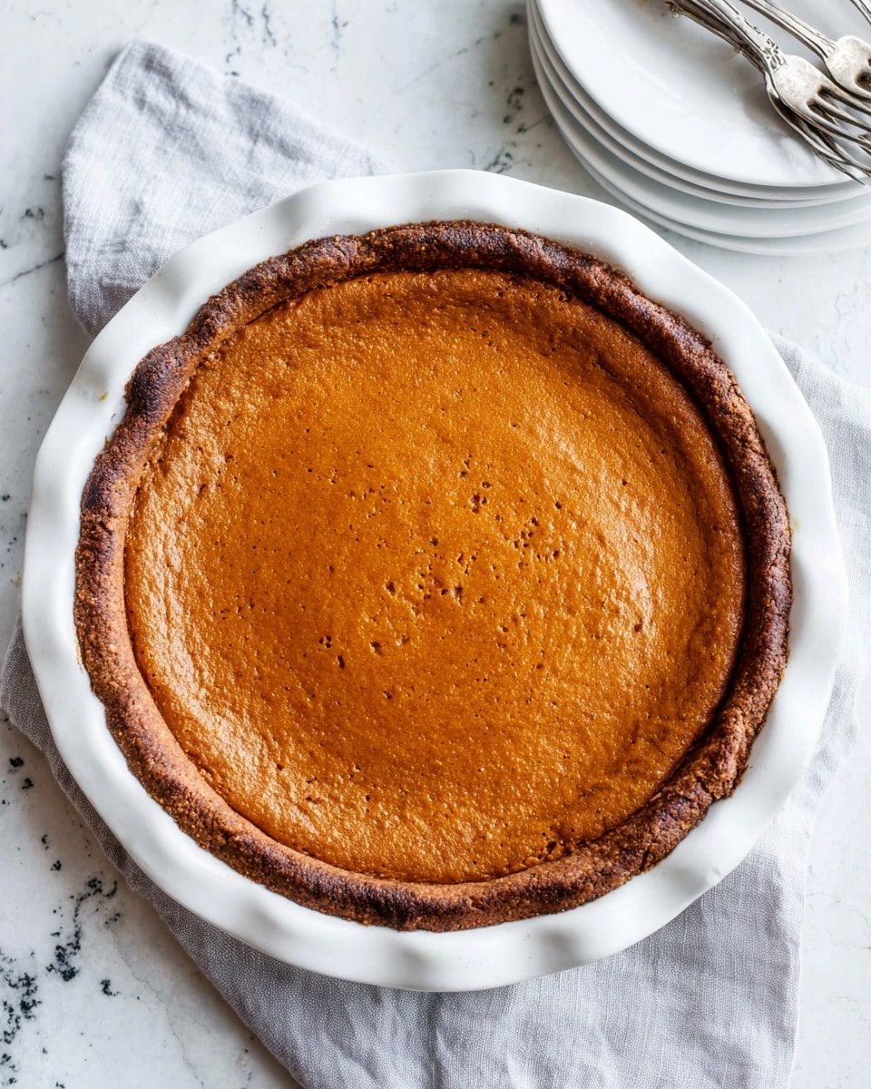A single-layer pumpkin pie with a rich, smooth orange-brown filling that has a slightly cracked surface texture, sitting within a dark brown, slightly crispy crust. The pie is placed on a white plate with a subtle wavy edge, and a light gray cloth napkin is under the plate. A stack of white plates with two forks rests nearby on a white marbled surface. Photo taken with an iphone --ar 4:5 --v 7