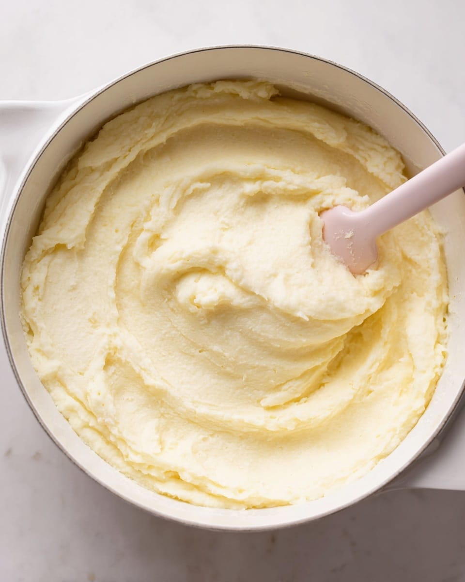 The image shows a large white pot filled with smooth, creamy mashed potatoes that have a soft, fluffy texture. A pale pink spatula is partially submerged on the right side, blending the potatoes in a swirling motion, creating gentle curves and peaks in the light yellowish-white mash. The pot rests on a white marbled surface that contrasts with the pale colors of the dish, bringing focus to the soft, velvety mashed potatoes. photo taken with an iphone --ar 4:5 --v 7