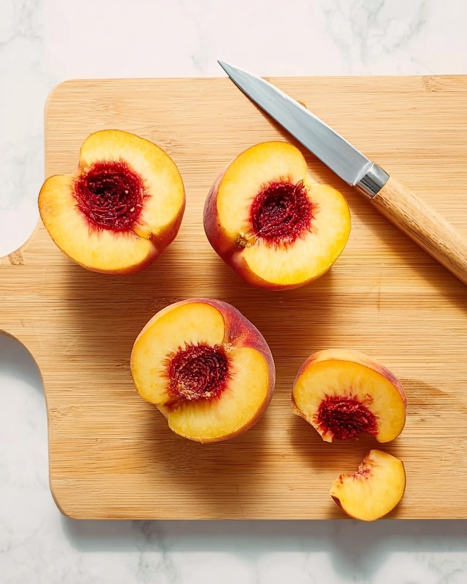 A light wooden cutting board placed on a white marbled surface, showing four halves of a peach with a bright yellow flesh and reddish centers where the pits were removed, two of these pits lying beside the peach halves; a simple knife with a wooden handle rests diagonally on the upper part of the board, the knife blade clean and pointing to the top left corner of the image photo taken with an iphone --ar 4:5 --v 7