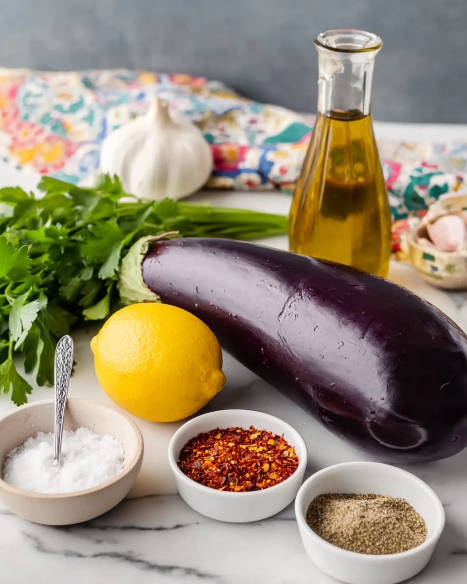 The image shows a large, smooth, deep purple eggplant laying on a white marbled surface, next to a bright yellow lemon and a round white garlic bulb. Behind them is a colorful small bowl of white coarse salt with a tiny silver spoon inside and a small bunch of fresh green parsley. Nearby are two small white bowls, one holding a mix of red pepper flakes and the other a mix of ground spices in shades of brown, beige, and red. There is also a tall clear glass bottle filled with golden olive oil, and a floral patterned cloth in the background. photo taken with an iphone --ar 4:5 --v 7