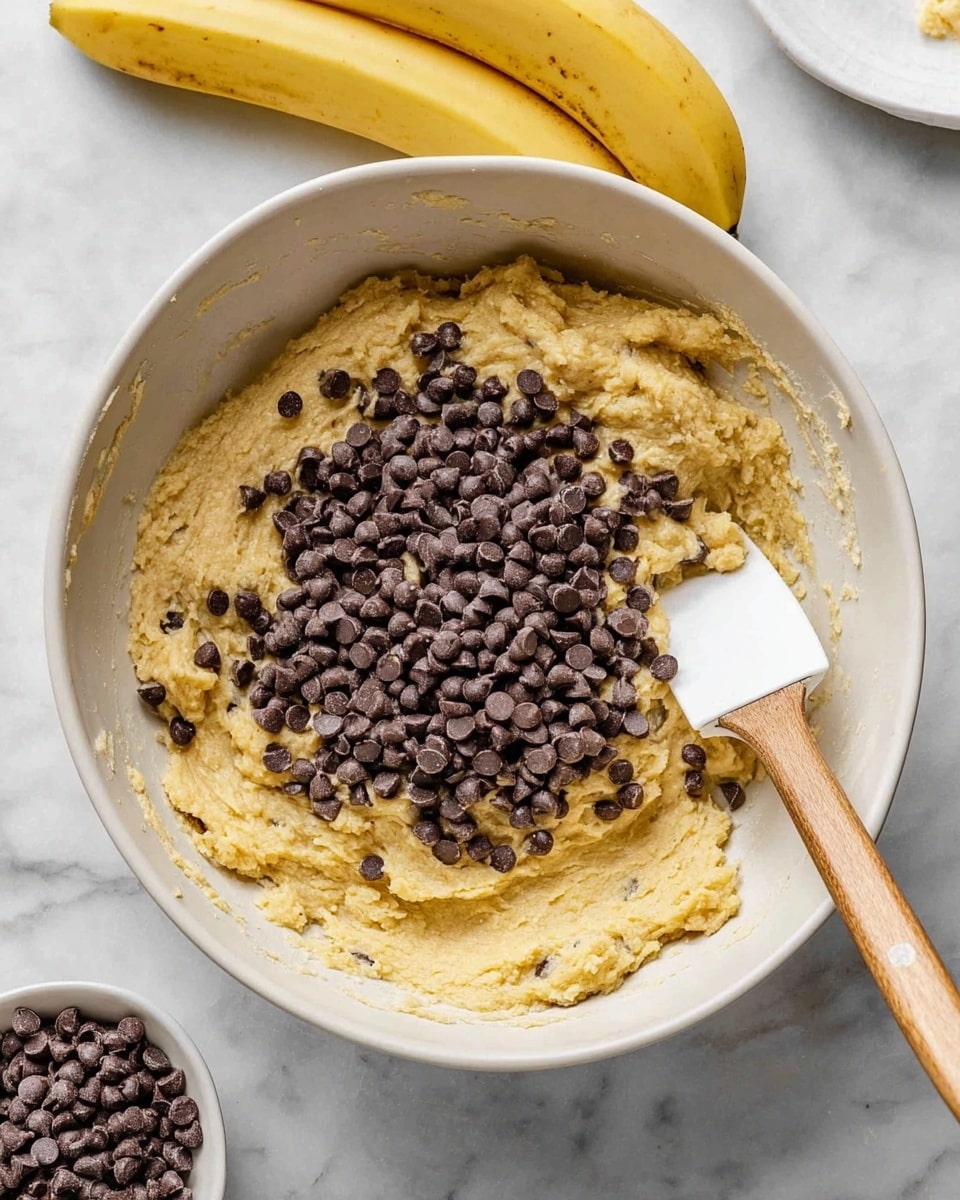 A white mixing bowl filled with thick, yellowish dough that has a slightly chunky texture, topped with a large pile of small, dark brown chocolate chips in the center. A spatula with a white silicone head and light wooden handle is partially resting in the dough near the right side of the bowl. In the background, there are two ripe yellow bananas on the white marbled surface and part of a white plate visible in the upper right corner. There is also a small bowl filled with more chocolate chips at the bottom left edge of the image. Photo taken with an iphone --ar 4:5 --v 7
