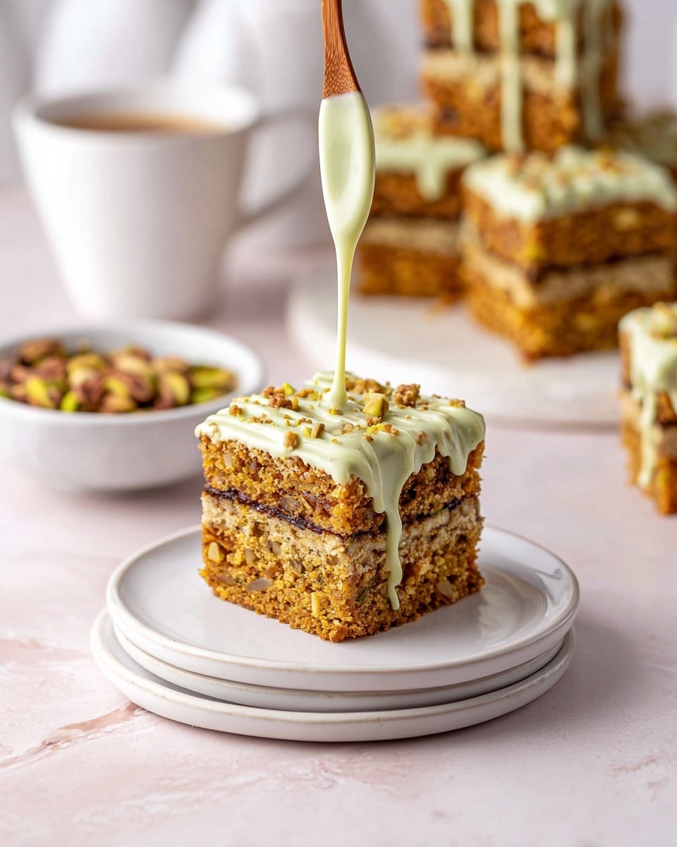 A square slice of cake with three visible layers sits on two stacked white plates on a white marbled surface. The bottom and middle layers are light brown with small pieces of nuts or fruit inside, and the middle layer has a thin dark filling. The top layer is crumbly with crunchy bits. A wooden spoon held above drizzles thick, smooth light green icing in ribbons over the cake, some dripping down the sides. In the background, more square cake pieces are stacked on a white marble tray, with a blurry bowl of chopped nuts and a white cup of coffee to the sides. photo taken with an iphone --ar 4:5 --v 7