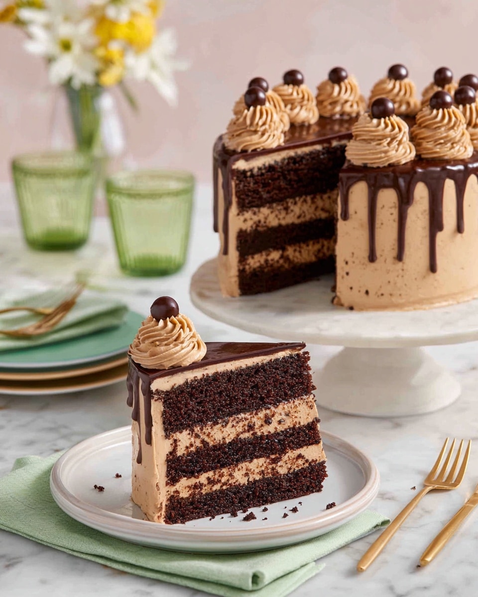 The image shows a three-layer chocolate cake with light brown frosting between each dark chocolate cake layer and all around the outside. The top of the cake is covered with smooth dark chocolate glaze that drips slightly down one side. Small swirls of light brown frosting circle the top edge, each topped with a single dark chocolate candy. A slice is cut out and placed on a white plate in the foreground, showing the three dark chocolate cake layers separated by light brown frosting, topped with a smooth dark chocolate glaze and two frosting swirls, each with a dark chocolate candy on top. The background has a white marbled surface, with a green napkin, a gold fork, two olive green glasses, and a small clear vase with white and yellow flowers. Photo taken with an iphone --ar 4:5 --v 7