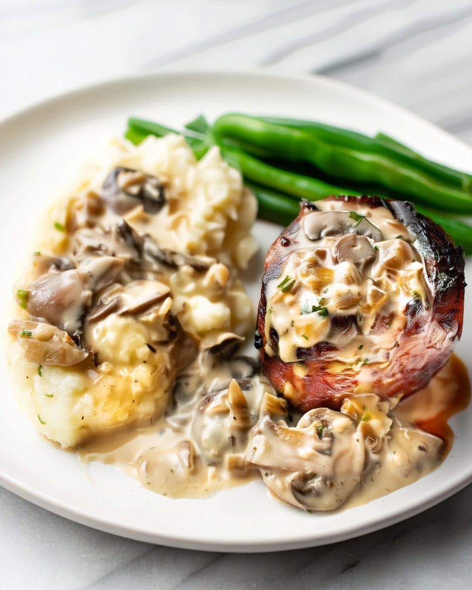 A white plate holds three main parts: on the right is a round, browned meat piece topped with a creamy mushroom sauce that includes small pieces of green herbs and diced onions; to the left is a mound of creamy mashed potatoes also covered in the same sauce with sliced mushrooms scattered over it; behind both, several bright green, steamed green beans lie neatly, adding a fresh contrast. The plate sits on a white marbled surface. photo taken with an iphone --ar 4:5 --v 7