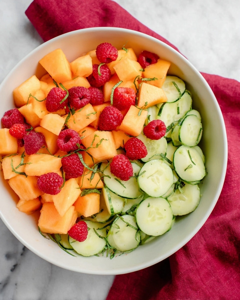 A white bowl filled with a fresh fruit and vegetable salad sits on a white marbled surface with a red cloth nearby. The salad has three main layers: the bottom layer is pale green cucumber slices with a smooth, moist texture; the middle layer consists of bright orange cantaloupe chunks, cut into small cubes with a soft but firm look; scattered on top are small, round, red raspberries adding pops of color. Thin strips of green herbs are sprinkled all over, adding fine texture and contrast to the colors in the bowl. photo taken with an iphone --ar 4:5 --v 7