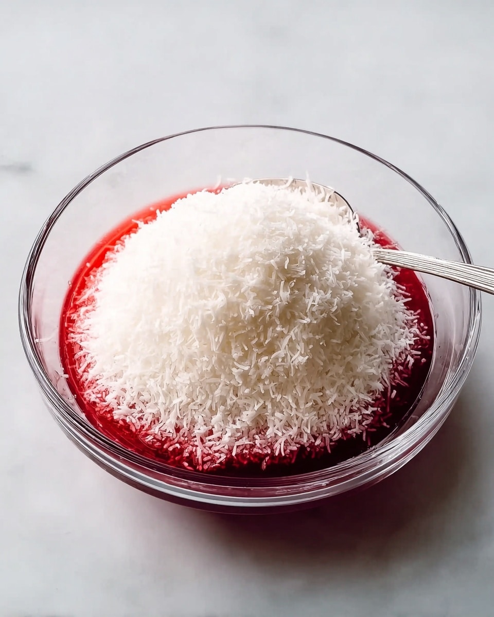 A clear glass bowl contains a bright red liquid at the bottom, topped with a large mound of fine white shredded coconut. The red layer is smooth and slightly glossy, while the coconut layer looks soft and fluffy, softly spilling over the edges of the mound. The bowl is placed on a white marbled surface, creating a clean and elegant contrast with the colors inside. A clear spoon rests inside the bowl on the right side, partly immersed in the coconut. Photo taken with an iphone --ar 4:5 --v 7