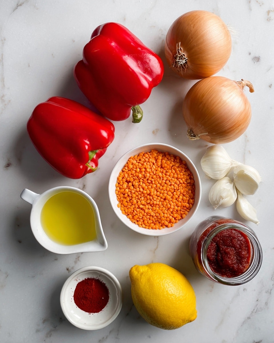 The image shows an arrangement of fresh ingredients on a white marbled surface, including three bright red bell peppers positioned at the top left with their shiny, smooth skins and green stems visible. To the right, there are two round yellow onions with their papery outer layers intact. Below them, several white garlic cloves sit in a small cluster. In the middle, there is a white bowl filled with orange lentils, and next to it on the left is a small white bowl containing golden olive oil. Below these, a clear jug holds pale yellow lemon juice, and a whole bright yellow lemon rests nearby. At the bottom right, a small white bowl holds a thick, dark red paste, and next to it is a small glass jar filled with red powdered spice, completing the colorful and fresh ingredient spread. Photo taken with an iphone --ar 4:5 --v 7