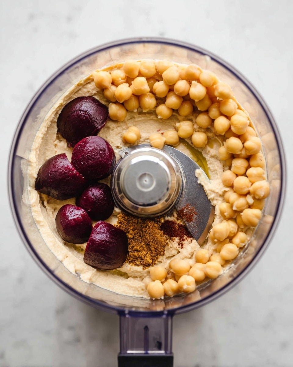 The image shows a clear food processor bowl with layers inside. The bottom layer is a creamy beige mixture spread evenly. On top of that, there is a circle of light yellow chickpeas placed closely together along the edge of the bowl. Inside the chickpeas, there are five small, dark purple beets lined up loosely, with smooth textures and shiny surfaces. There is also a small pile of brown spices near the beets and some olive oil visible on the chickpeas. The food processor blade is shiny silver and slightly wet, located in the center, dividing the bowl's contents. All of this sits on a white marbled surface. Photo taken with an iphone --ar 4:5 --v 7