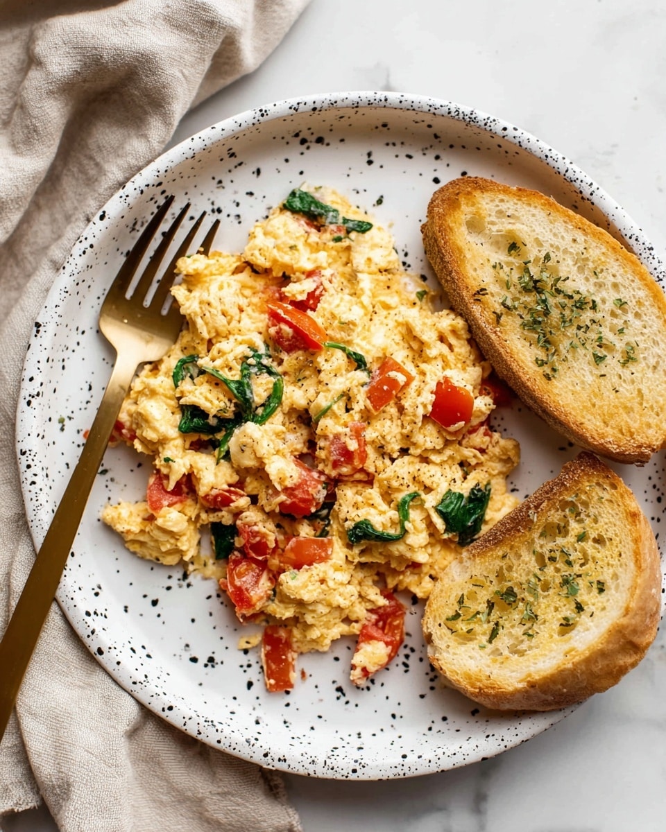 On a white plate with black speckles, scrambled eggs mixed with red tomato pieces and green spinach leaves form the main layer, showing a soft and fluffy texture with visible small chunks of vegetables throughout. On the right side of the plate, two slices of toasted garlic bread lie partially overlapping each other, with a golden brown crust sprinkled with green herbs. A golden fork rests on the left side of the plate, partially on the eggs. The plate is placed over a light beige cloth on a white marbled surface. photo taken with an iphone --ar 4:5 --v 7
