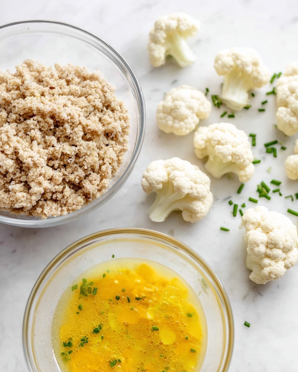 The image shows three layers on a white marbled surface: on the right side, there are several small white cauliflower florets scattered evenly; on the left side, a clear glass bowl filled with light brown crumbly mixture sits near chopped green herbs sprinkled on the surface; at the bottom foreground, another clear glass bowl contains a bright yellow beaten egg mixture with a slightly bubbly texture. Photo taken with an iphone --ar 4:5 --v 7